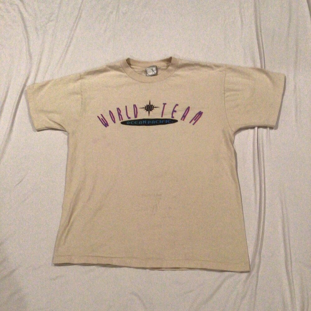 Vintage 90s OP Ocean Pacific World Team T Shirt Single Stitch Sz M Surfing Beige